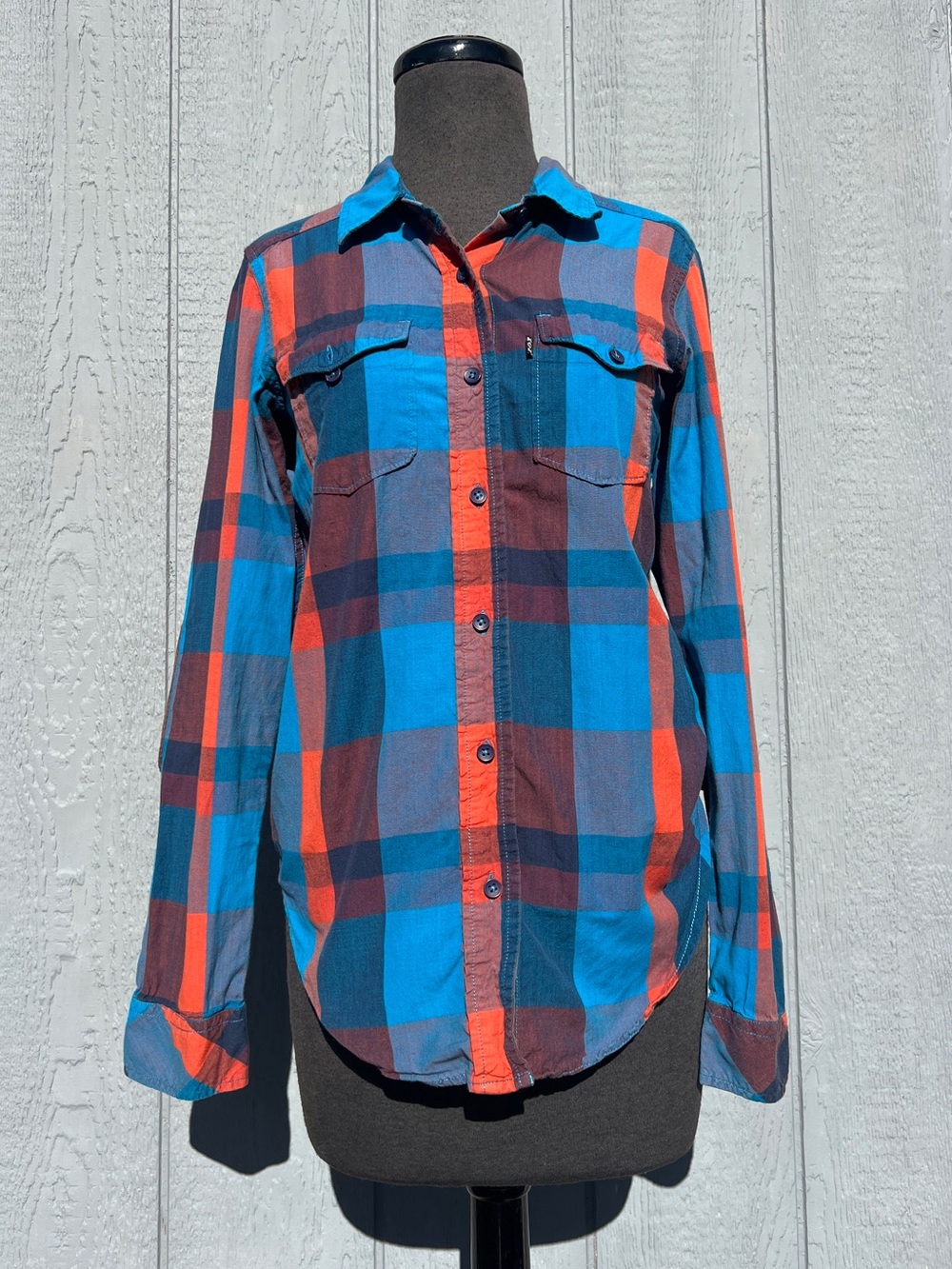 KAVU Women's Billie Jean Plaid Shirt in Blue and Orange, XS